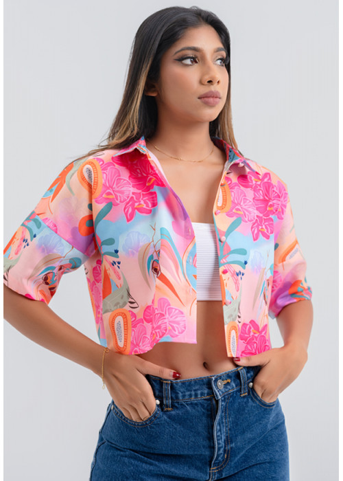 LORELA PINK PRINTED CROP BLOUSE